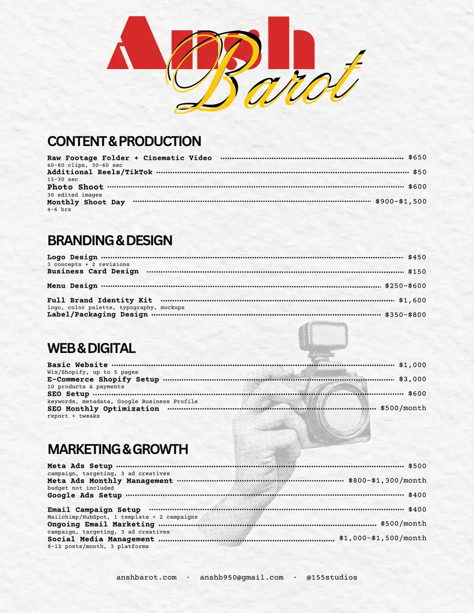 Services menu: content and production, branding and design, web and digital, and marketing and growth services with prices.